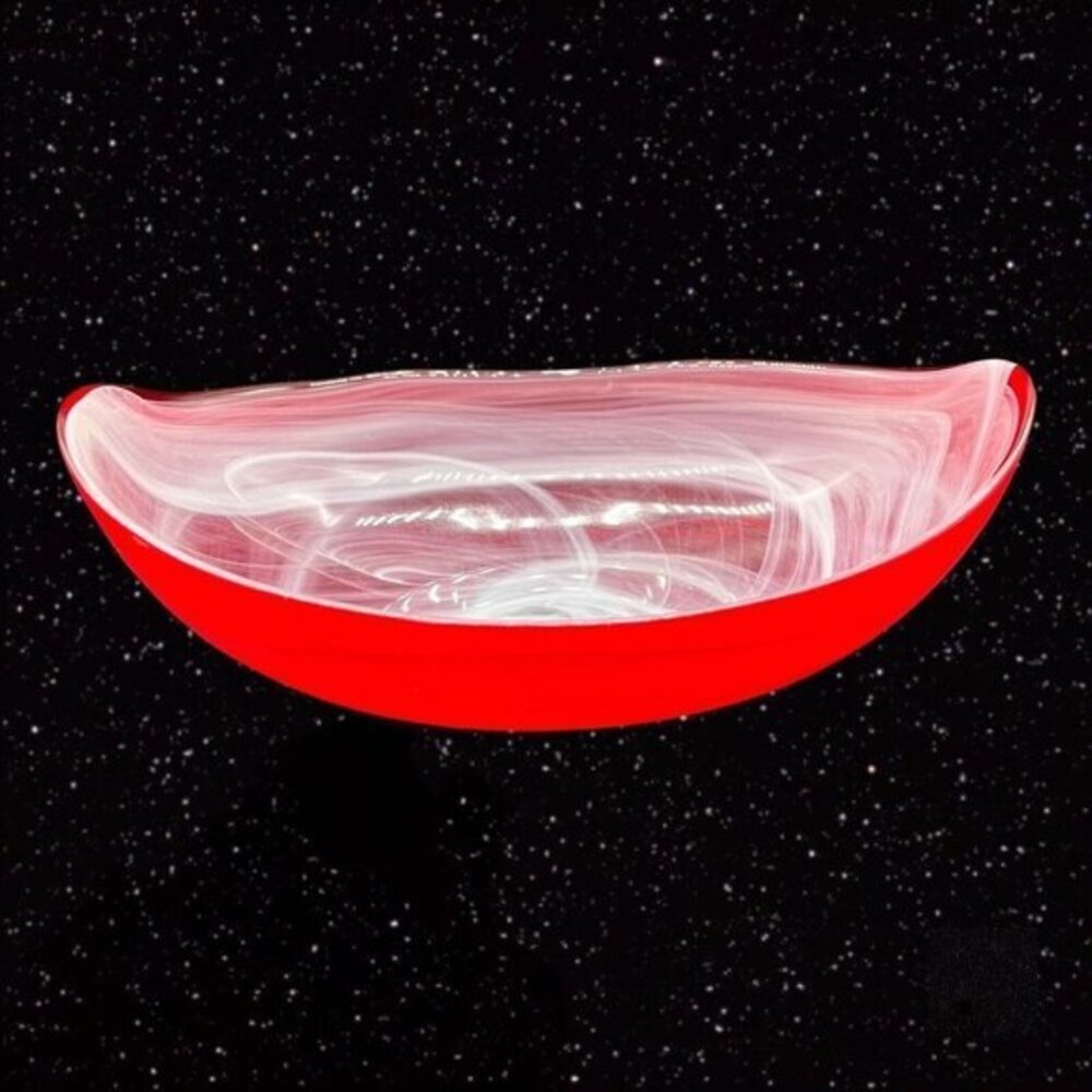Vintage Recycle Art Glass Bowl Tray Red White Swirl 9.5”W 3T